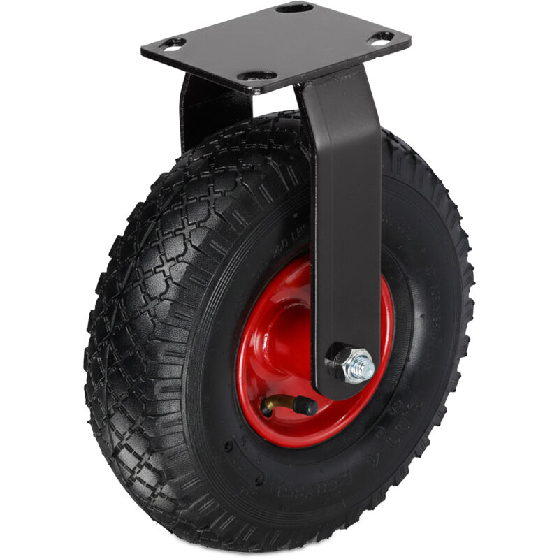 Relaxdays rigid castor, 3.00-4, 120 kg load, pneumatic tyre, rubber tread, steel mounting plate, black/red