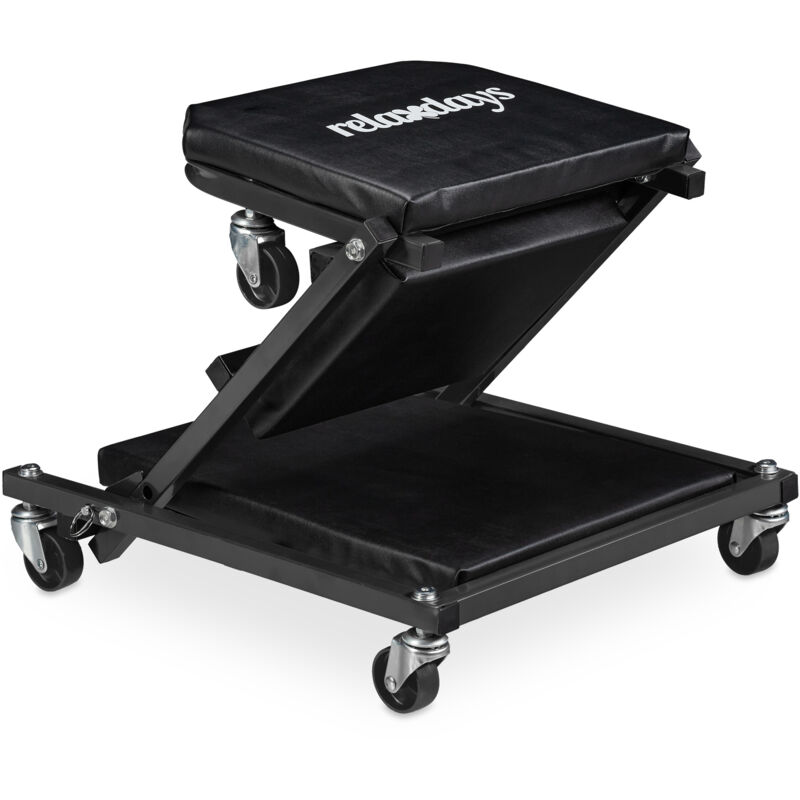 Relaxdays - Rolling Board Workshop Up To 150 Kg, 2in1 Foldable Rolling Seat & Workbench, 360° Rotatable, Steel, Black