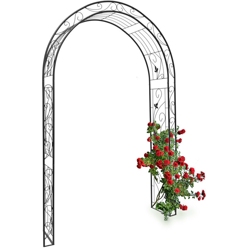 Rose Arch with Leaf Pattern, 226 x 144 x 36.5 cm, Archway as Support for Climbing Plants, Iron, Black - Relaxdays