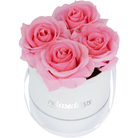 Relaxdays Rosenbox rund, 4 Rosen, stabile Flowerbox weiß, lange Haltbarkeit, Geschenkidee, dekorative Blumenbox, rosa