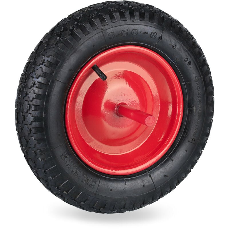 Roue de brouette 3.50-8 avec axe fixe, jante en acier, capacité de charge max. : 120 kg, noir et rouge - Relaxdays