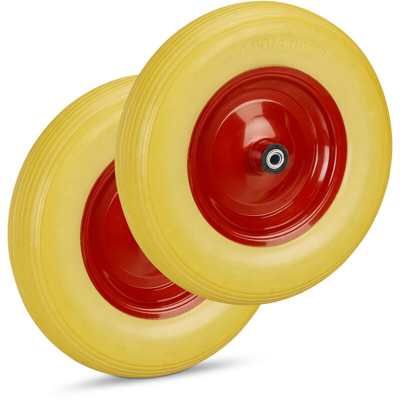 Roue de brouette 4.80 4.00-8, lot de 2, roue caoutchouc secours, 6 adaptateurs, pneu diable 100kg de charge, jaune-rouge