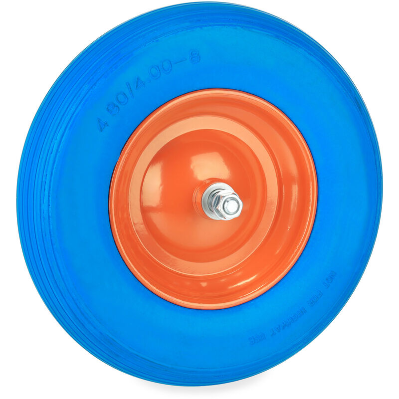 Roue de brouette avec axe 4.80 4.00-8, caoutchouc, jante en acier, pneu rechange, increvable, bleu/orange - Relaxdays