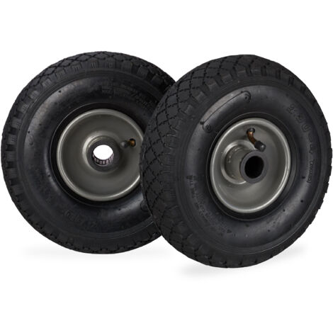 Relaxdays Roue de brouette caoutchouc 100 kg, lot de 2, roue de rechange, pour axe de 25 mm, 3.00-4, noir-gris