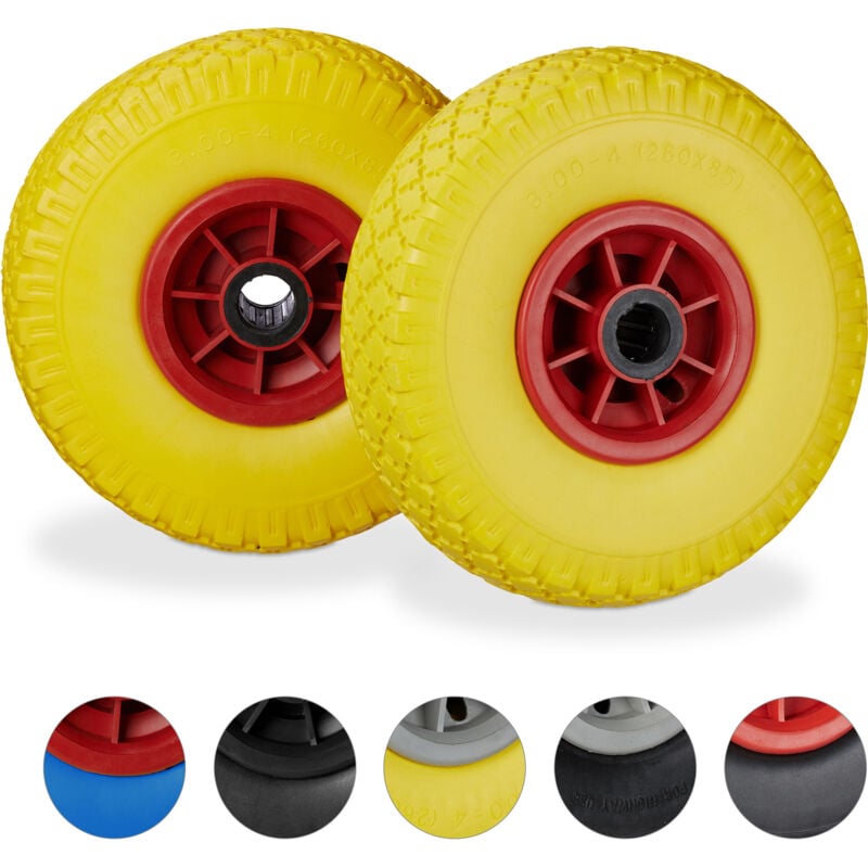 Roue de brouette, lot de 4, caoutchouc, 3.00-4', roue de rechange, pour axe de 25 mm, 260x85 mm, jaune-rouge