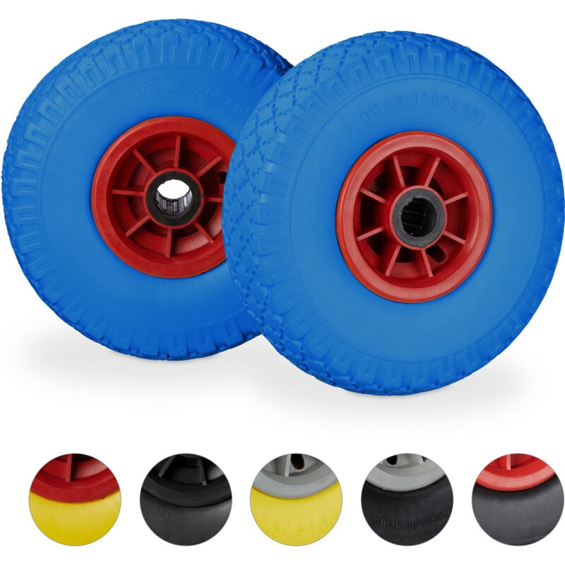 Roue de brouette, lot de 4, caoutchouc, 3.00-4', roue de rechange, pour axe de 25 mm, 260x85 mm, bleu-rouge