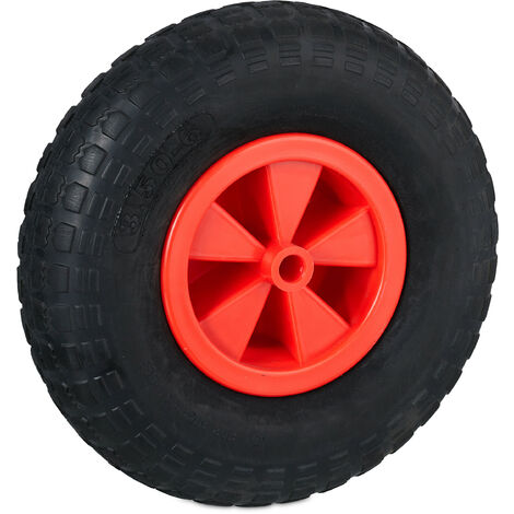 Relaxdays – Roue de brouette increvable 3.50-6 – Caoutchouc PU résistant aux chocs – Capacité 100 kg – Jante plastique noir-rouge