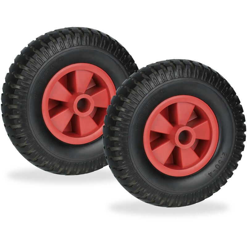 Roue de brouette, lot 2, 2.50-4, caoutchouc pu, jante pp, increvable, charge max. : 80 kg, noir et rouge - Relaxdays