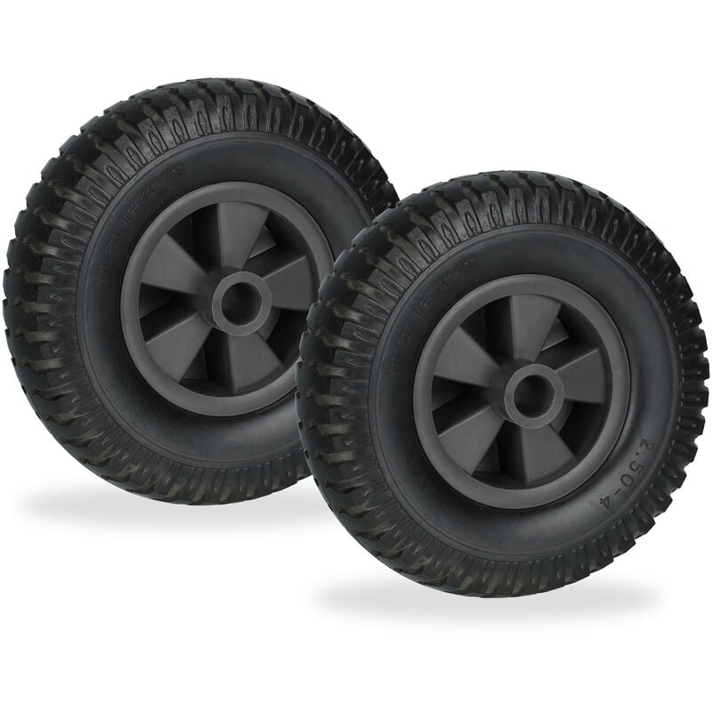 Roue de brouette, lot 2, 2.50-4, caoutchouc pu, jante pp, increvable, charge maximale : 80 kg, noire - Relaxdays