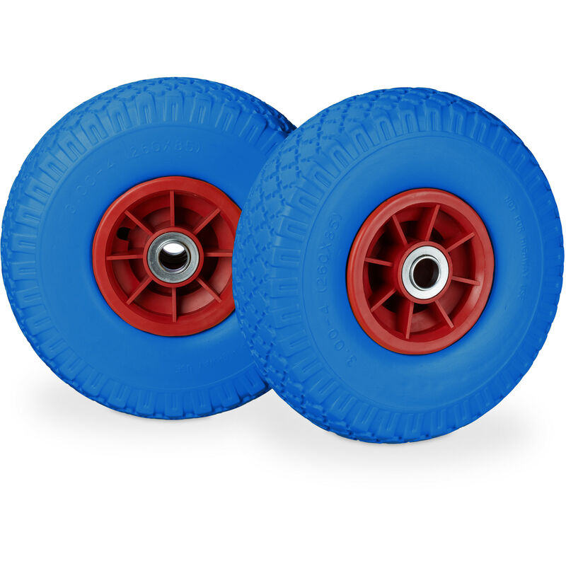 Roue de diable, 2x roue de brouette caoutchouc, 3.00-4, 260 x 85 mm, pour axe de 20 mm, bleu-rouge - Relaxdays