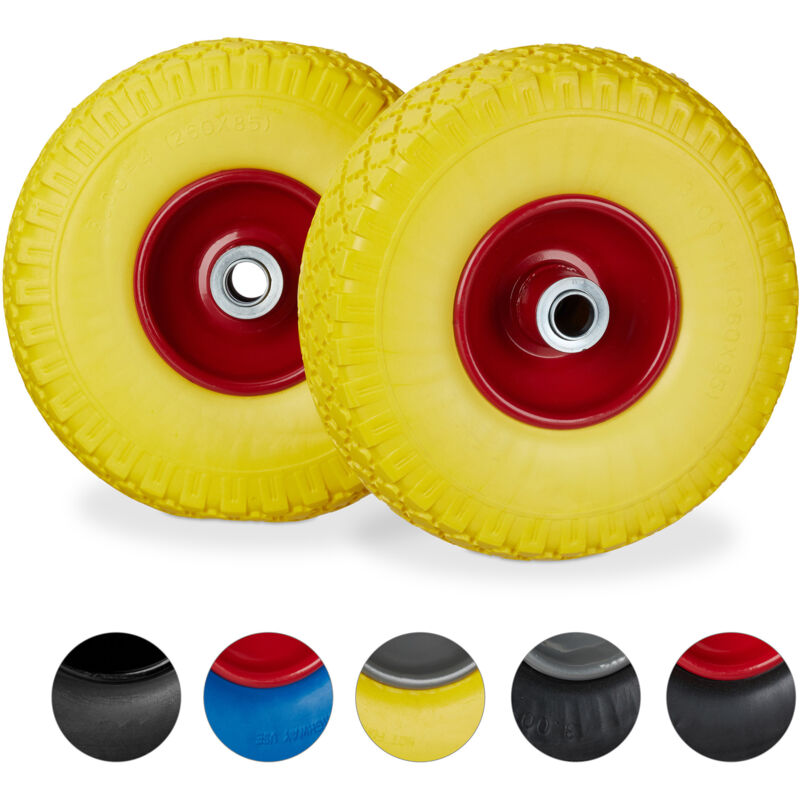 Roue de diable, lot de 4, roue de brouette caoutchouc, pour axe de 20 mm, 3.00-4', 260 x 85 mm, jaune-rouge