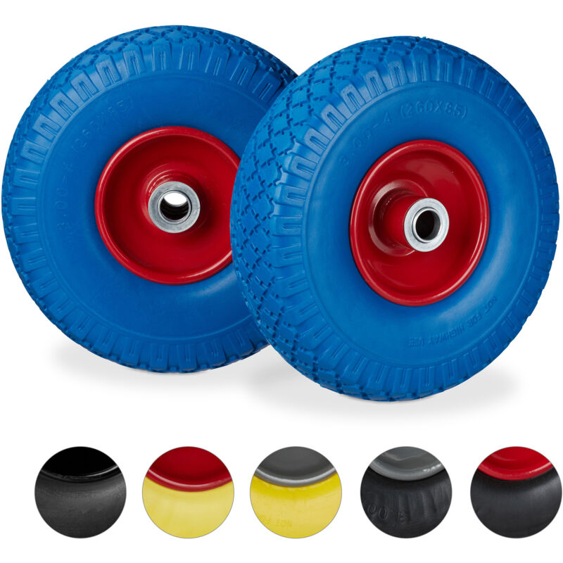 Roue de diable, lot de 4, roue de brouette caoutchouc, pour axe de 20 mm, 3.00-4', 260 x 85 mm, bleu-rouge