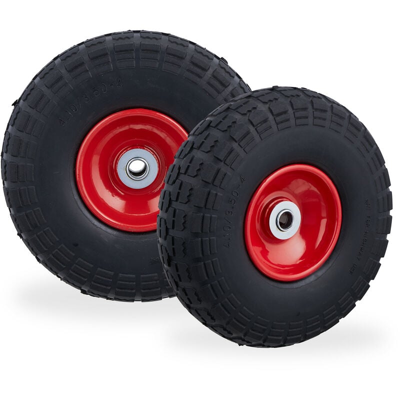 Roue de diable Set de 2, caoutchouc 260x85 mm, increvables, 16 mm, 4.1/3.5-4 essieu, jusqu'à 150kg, noir-rouge - Relaxdays