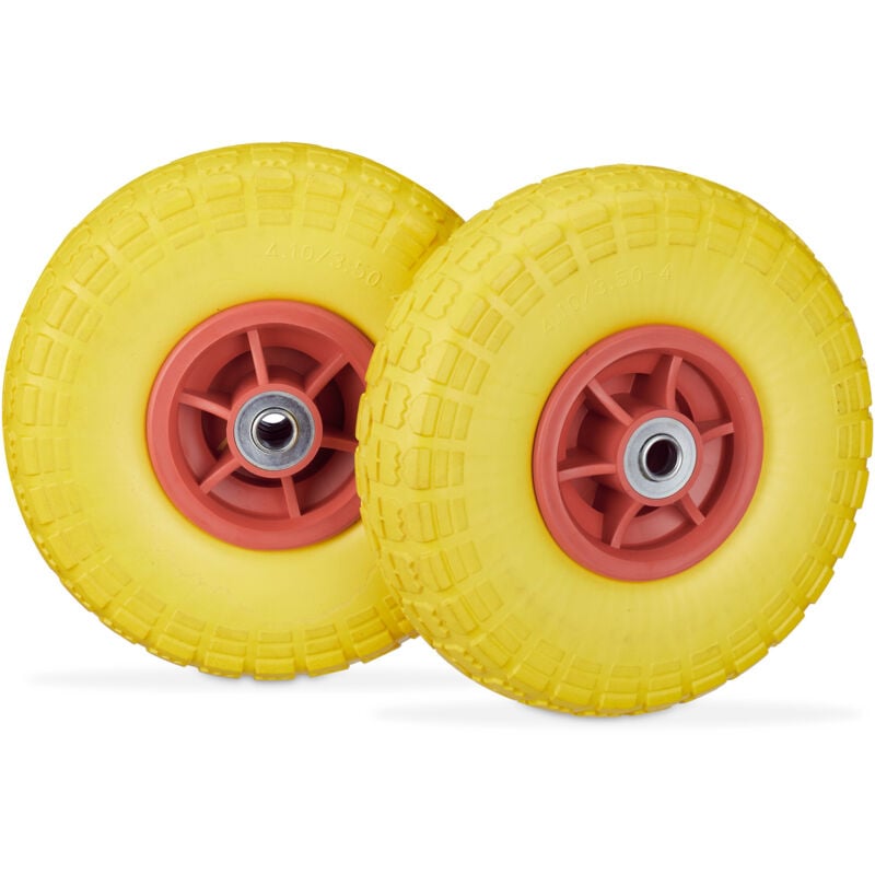 Roue de diable, lot de 4, en caoutchouc, increvables, 260 x 85, essieu de 16 mm, 4.1/3.5-4, jusqu'à 150 kg, jaune-rouge