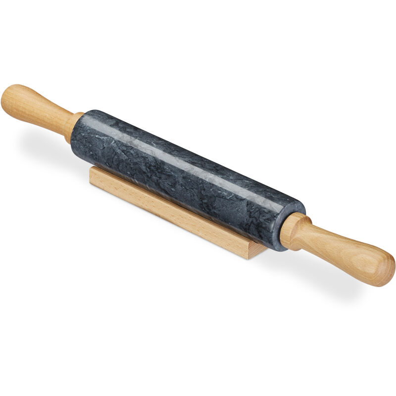 Rouleau à pâtisserie en marbre, Poignées en bois, Cuisinier et pâtissier, Avec support, lourd, noir - Relaxdays