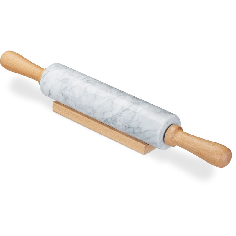 Rouleau à pâtisserie en marbre, Poignées en bois, Cuisinier et pâtissier, Avec support, lourd, blanc - Relaxdays