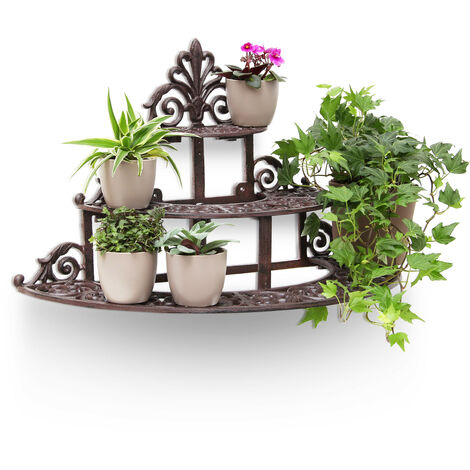 Relaxdays Round Cast Iron Flower Stand, Rack Holder, 34 x 54 x 29 cm, 3 Stairs Rustic Cottage Style, Bronze