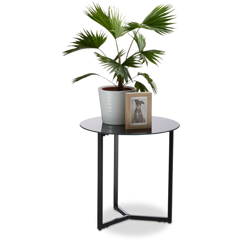 Relaxdays - Round Glass and Metal Side Table, Decorative Lounge Stand, h x w x d: 51 x 50 x 50 cm, Black