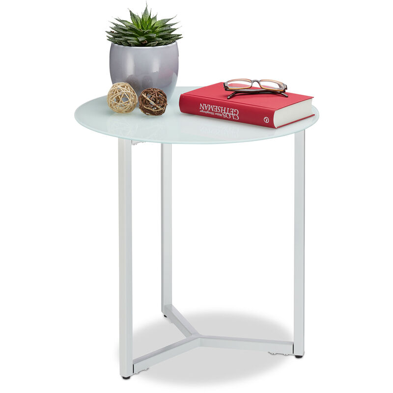 Round Glass and Metal Side Table, Decorative Lounge Stand, h x w x d: 51 x 50 x 50 cm, White - Relaxdays