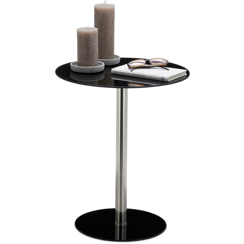 Round Glass and Stainless Steel Pedestal Table, Decorative Lounge Stand, h x w x d: 53 x 43 x 43 cm, Black - Relaxdays