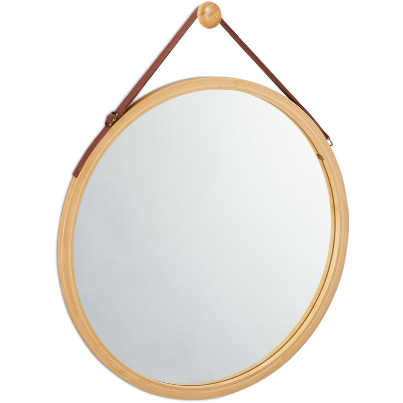 Relaxdays Round Hanging Mirror, Adjustable Strap, Bamboo Frame, Modern, Floor & Bathroom, ∅: 45 cm, Natural
