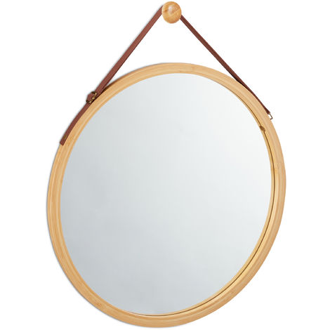 main image of "Relaxdays Round Hanging Mirror, Adjustable Strap, Bamboo Frame, Modern, Floor & Bathroom, ∅: 45 cm, Natural"