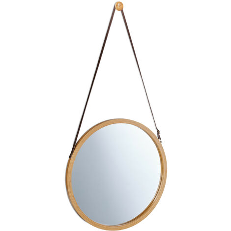 Relaxdays Round Hanging Mirror, Adjustable Strap, Bamboo Frame, Modern, Hallway, Bathroom & Guest WC, ∅: 38 cm, Natural
