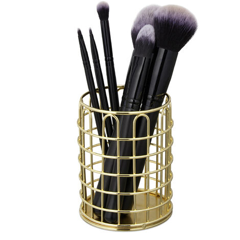 Relaxdays Round Pen Holder, Modern Decorative Design, Makeup Brush Organiser, Wired, Pencil Cup Desk, HxØ: 10x8cm, Gold