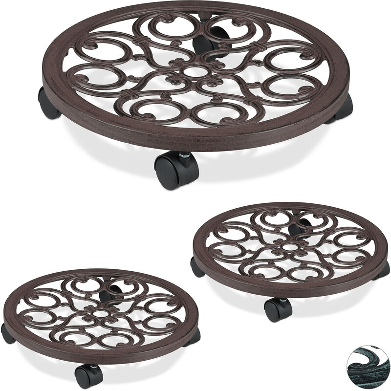 Set Of 3 Relaxdays Round Plant Caddies, Metal Flower Pot Roller For Indoors & Outdoors, Antique Look, Ø 38 Cm, Brown