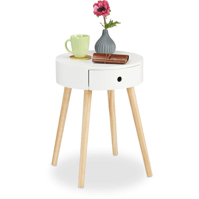 Relaxdays Round Side Table, Desk, Drawer, Scandinavian Design, Nightstand, H x Ø: 52 x 40 cm, Wood, White