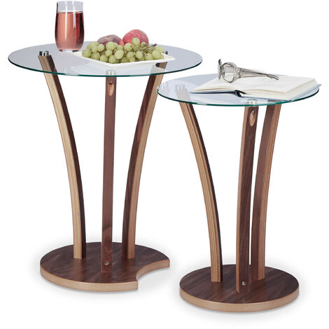 Relaxdays Round Side Table Set of 2, Glass Table with Wooden legs, 2 Small End Tables, Modern Design, 2 Sizes, Natural