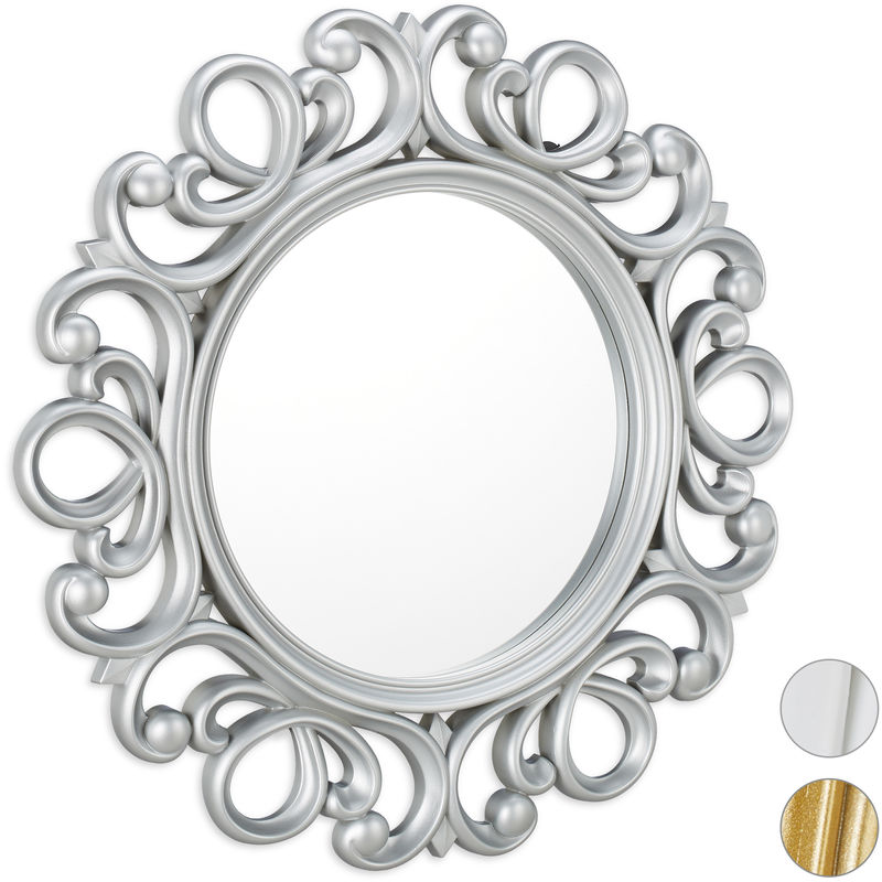 Relaxdays Round Wall Mirror, Decoration for Hallway, Bathroom, Living Room & Bedroom, Frame, Ornament, ∅ 50 cm, Silver
