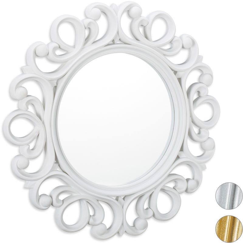Relaxdays Round Wall Mirror, Decoration for Hallway, Bathroom, Living Room & Bedroom, Frame, Ornament, ∅ 50 cm, White