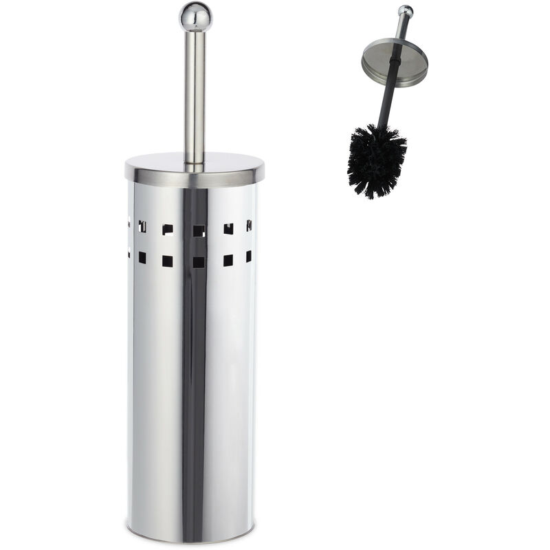 Round wc Accessory Set, Toilet Brush Holder, Exchangeable Brush Head, Freestanding, Stainless Steel, Silver/Black - Relaxdays