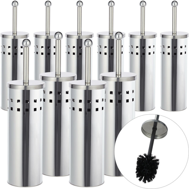 10x wc Accessory Set, Toilet Brush Holder, Exchangeable Head, Freestanding, Stainless Steel, Silver/Black - Relaxdays