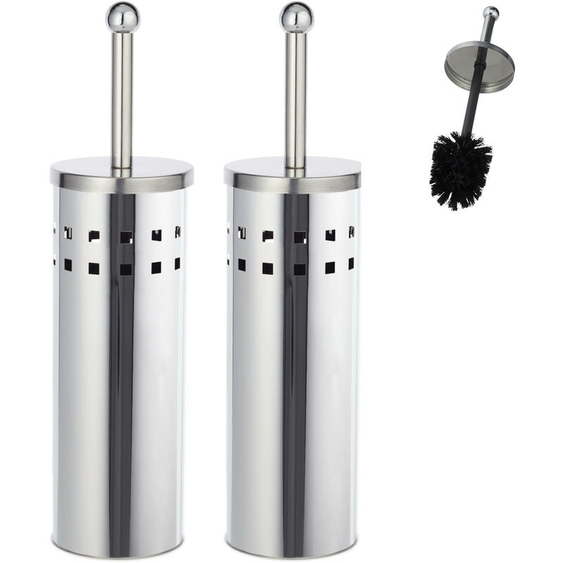 2x wc Accessory Set, Toilet Brush Holder, Exchangeable Head, Freestanding, Stainless Steel, Silver/Black - Relaxdays