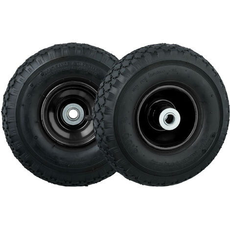Relaxdays Rueda Carretilla 3.00-4, Set de 2, Neumáticos Repuesto, Llanta de Acero, Eje de 16 mm, 100 kg, Negro