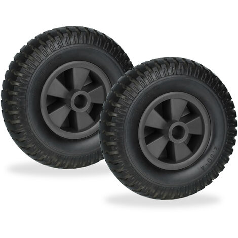 Relaxdays Ruota Carriola 2.50-4, Set da 2, Gomma Piena Antipanne con Cerchione in Plastica, Ruotino, fino a 80 kg, Nero