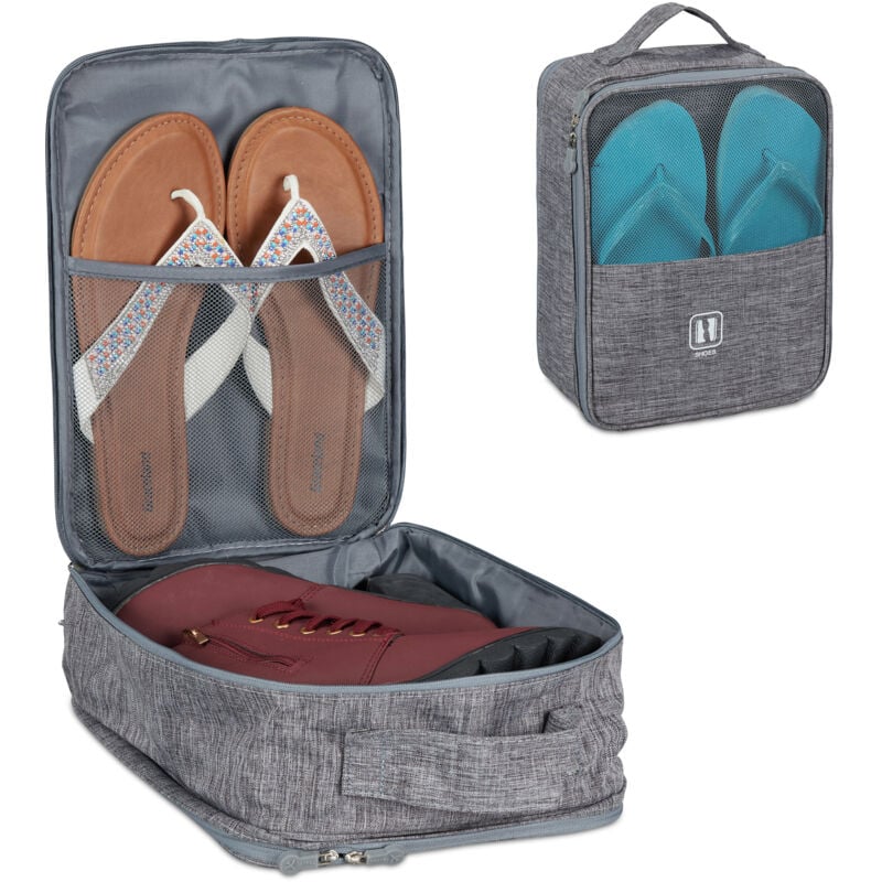 Relaxdays Sac à chaussures pour voyage, lot de 3, sur roues, transport de souliers, sandales, baskets, 30x23x14cm, gris