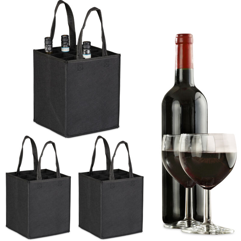3 x sacoches à bouteilles pour 9, porte-bouteilles vin, bière, bouteilles vides, hlt 45x24x24 cm, noir