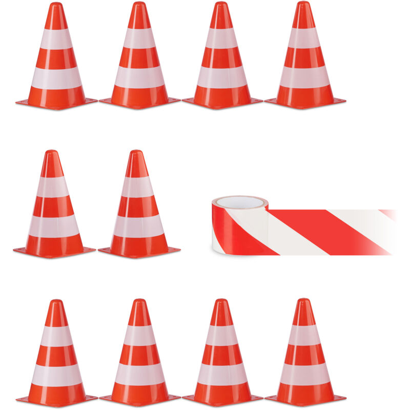 Relaxdays - Safety Cones, Set of 10, with 50 m Barrier Tape & Storage Bag, for Marking Traffic, 22.5 cm, Striped, Orange