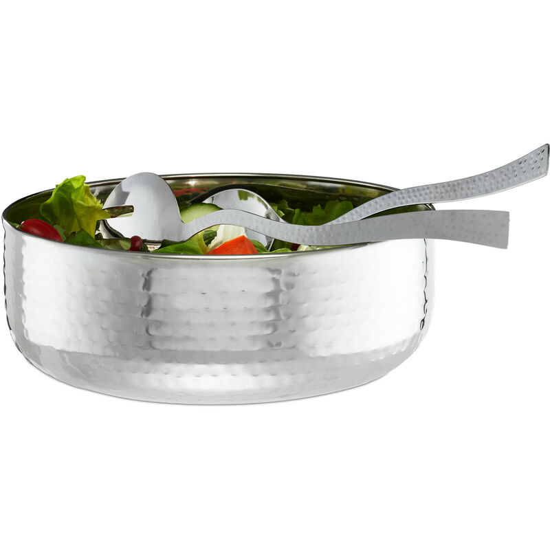 saladier inox, set, 3 pièces avec couverts à salade 30 cm, lavable au lave-vaisselle, bol rond ∅ 28 cm, argent - Relaxdays