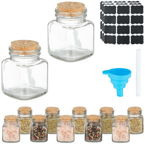 Relaxdays Salière & poivrière, lot de 12, rectangulaire, 100 ml, 24 étiquettes, marqueur, entonnoir, transparent/nature
