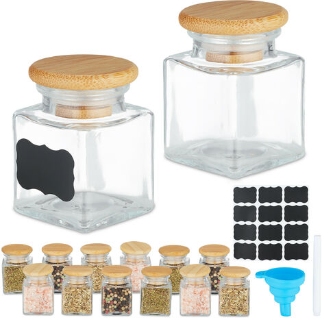 Relaxdays Salière & poivrière, lot de 14, rectangulaire, 50 ml, étiquettes, marqueur, entonnoir, transparent/nature