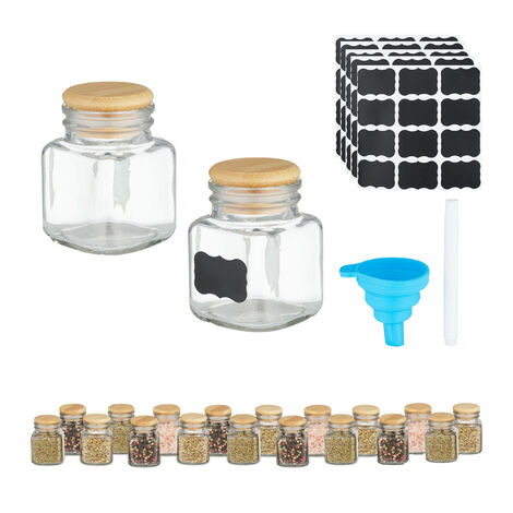 Relaxdays Salière & poivrière, lot de 20, rectangulaire, 100 ml, 48 étiquettes, marqueur, entonnoir, transparent/nature