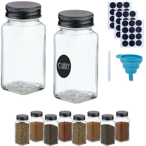 Relaxdays Salière & poivrière, set de 10, 120 ml, embout tamiseur, étiquettes, marqueur, entonnoir, transparent/noir