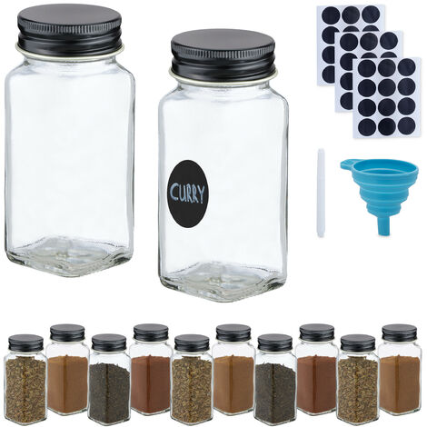 Relaxdays Salière & poivrière, set de 12, 120 ml, embout tamiseur, étiquettes, marqueur, entonnoir, transparent/noir