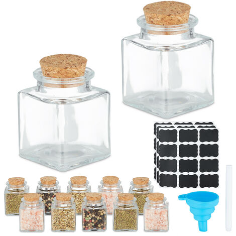 Relaxdays Salières/poivrières, set de 12, 50 ml chacune, étiquettes, marqueur, entonnoir, couvercle, transparent/nature