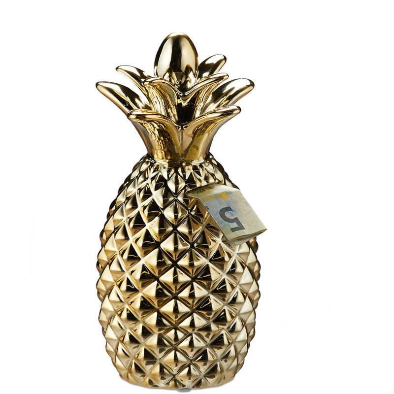 Salvadanaio a Forma di Ananas, Porta Risparmi Originale, Monete & Banconote, HxD 24 x 10,5 cm, Oro - Relaxdays