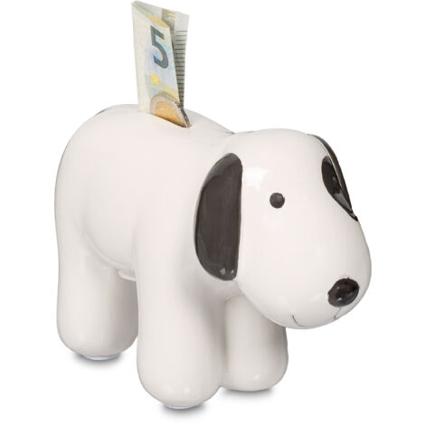 Relaxdays Salvadanaio Cane, Contenitore Salva Danaro, Regalo Casa, Risparmi Monete, 12x21x9 cm, in Ceramica, Bianco Nero